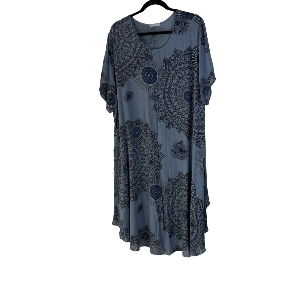 Women's Blue Mandala Print Tunic Dress Made in Italy Short Sleeve Resort Beach